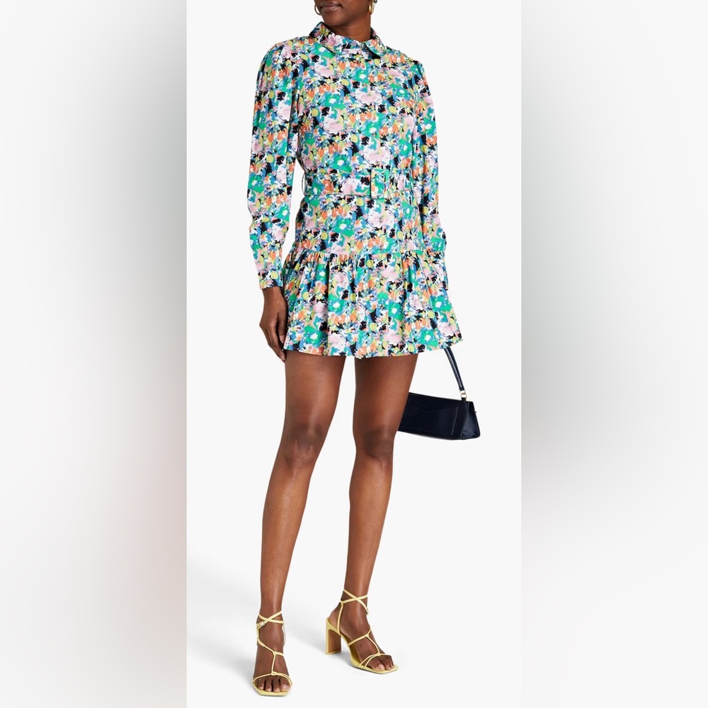 Walter Baker Tara Gathered Floral Print Cotton Mini Shirt Dress Small NW…